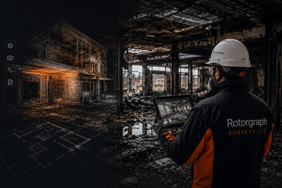 A surveyor reviewing a point cloud of a burnt-out building on a tablet, with the model overlaid beside the real interior.