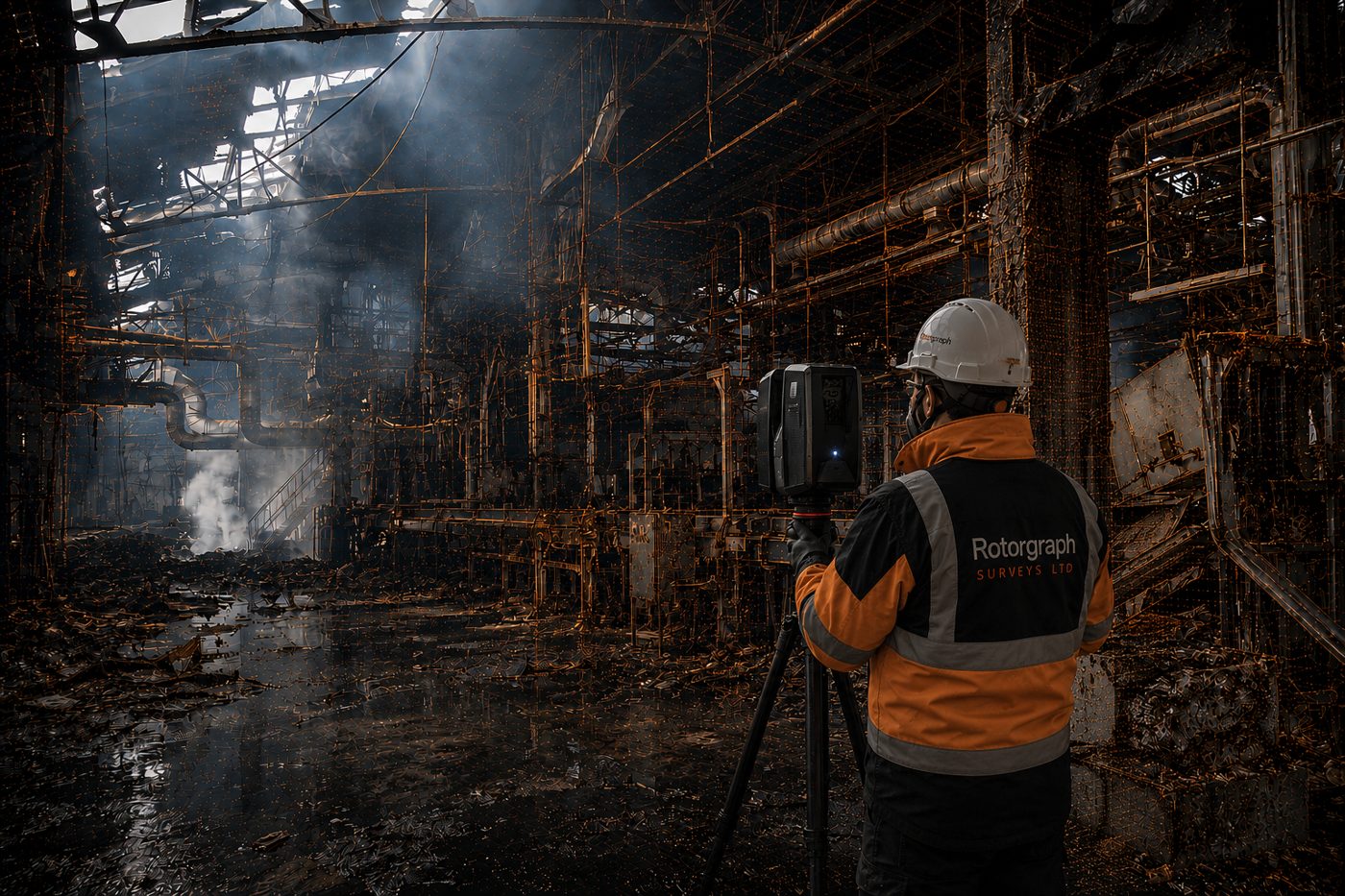 A surveyor in a hard hat operating a tripod-mounted laser scanner inside a fire-damaged industrial building.